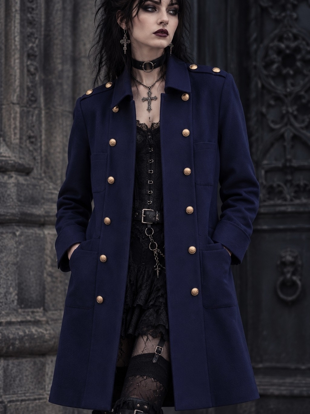 Vintage Baccarat Navy Double-Breasted Military-Style Pea Coat with Gold Buttons